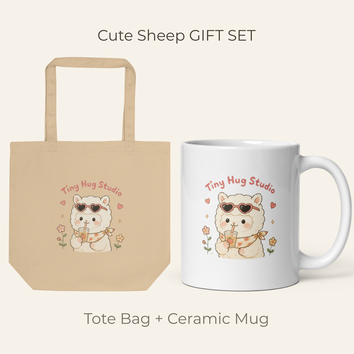 Cute Sheep Eco Tote Bag & Mug Gift Set | Tiny Hug Studio