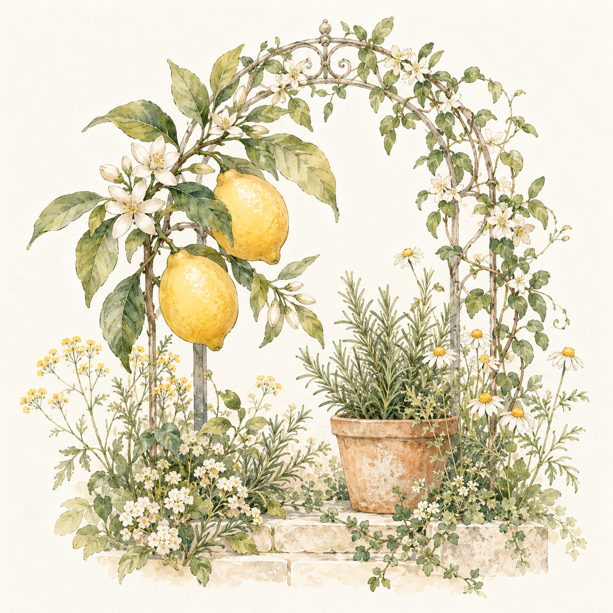 Watercolor botanical garden arch with lemon branches, wildflowers, herbs, and a terracotta pot.