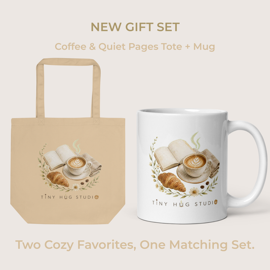 Coffee & Quiet Pages Tote Bag & Mug Gift Set | Tiny Hug Studio