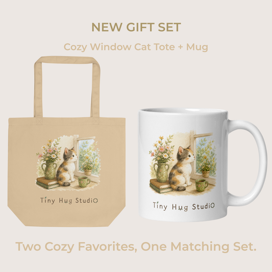 Cozy Window Cat Tote Bag & Mug Gift Set | Tiny Hug Studio